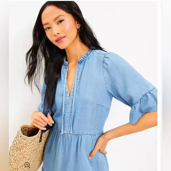 NWT Loft chambray tie neck ruffle sleeve dress - Picture 3 of 6